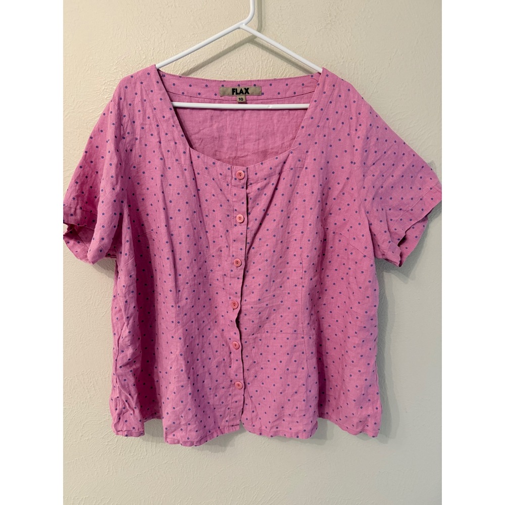 FLAX Pink Polka Dot Linen Button Up Square Neck Top Size 1G Plus Lagenlook